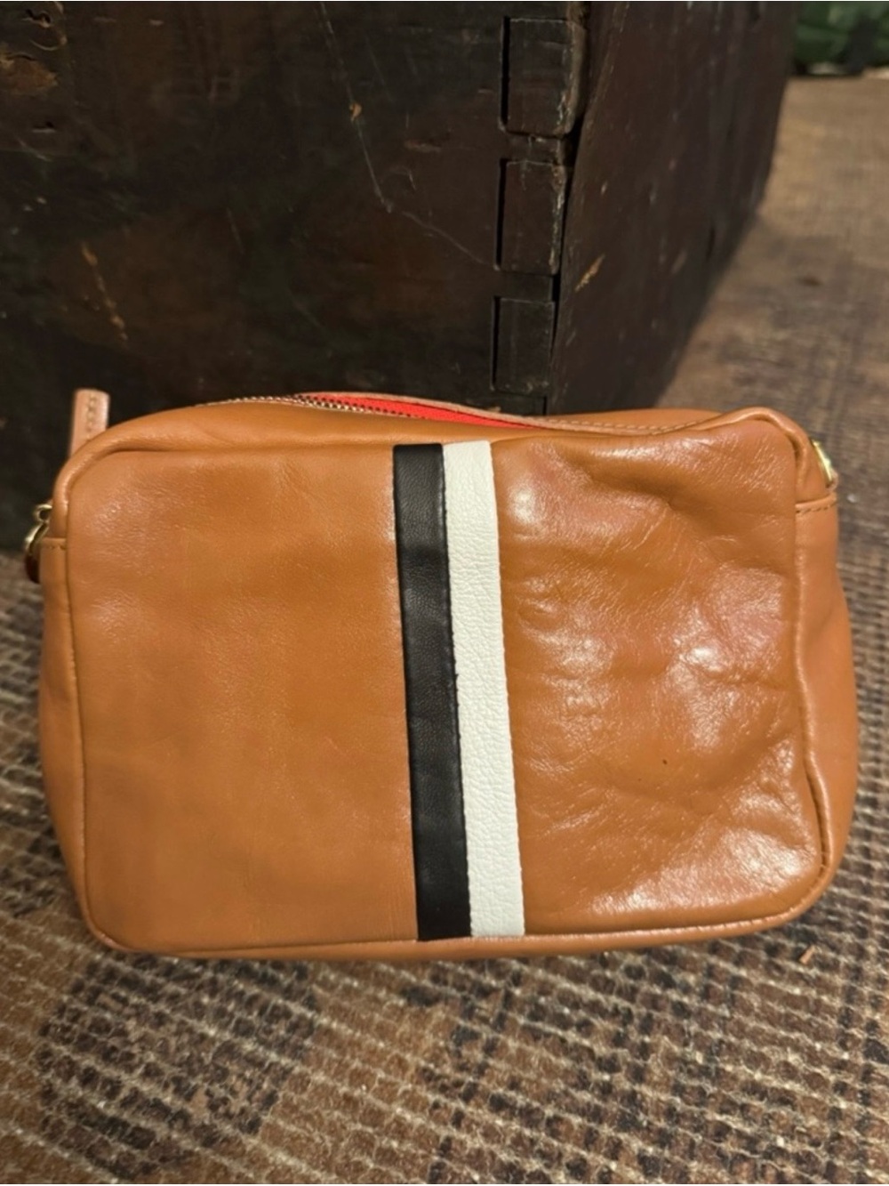 Clare V. MIDI Sac Tan Leather womens Crossbody Bag with Black & White Stripe